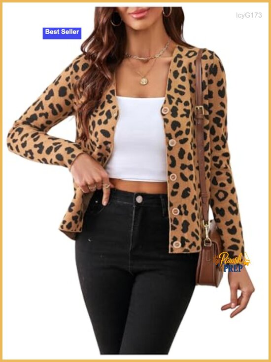 Sweaters - V Neck Button Down Leopard Print Cardigan Sweater